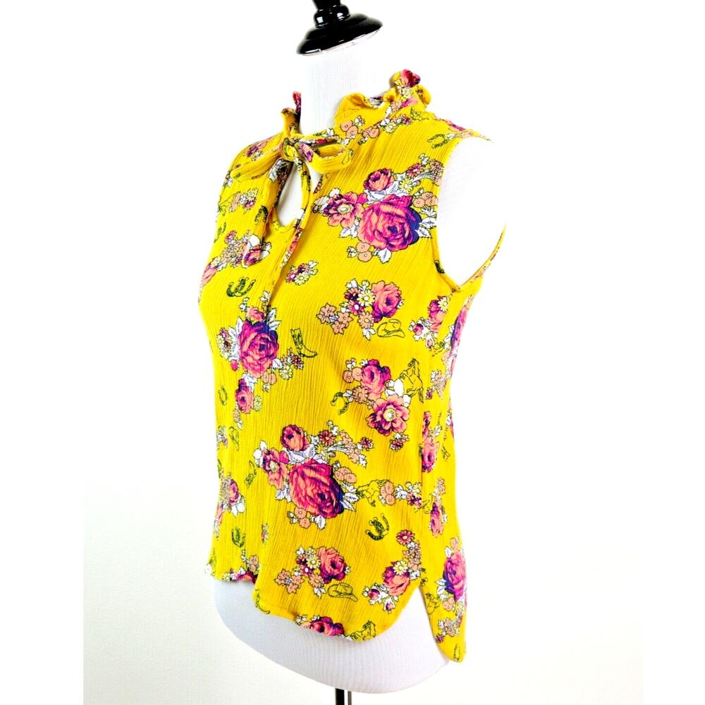 ModCloth Size S Like the Wind Tie-Neck Blouse Mustard Yellow Floral